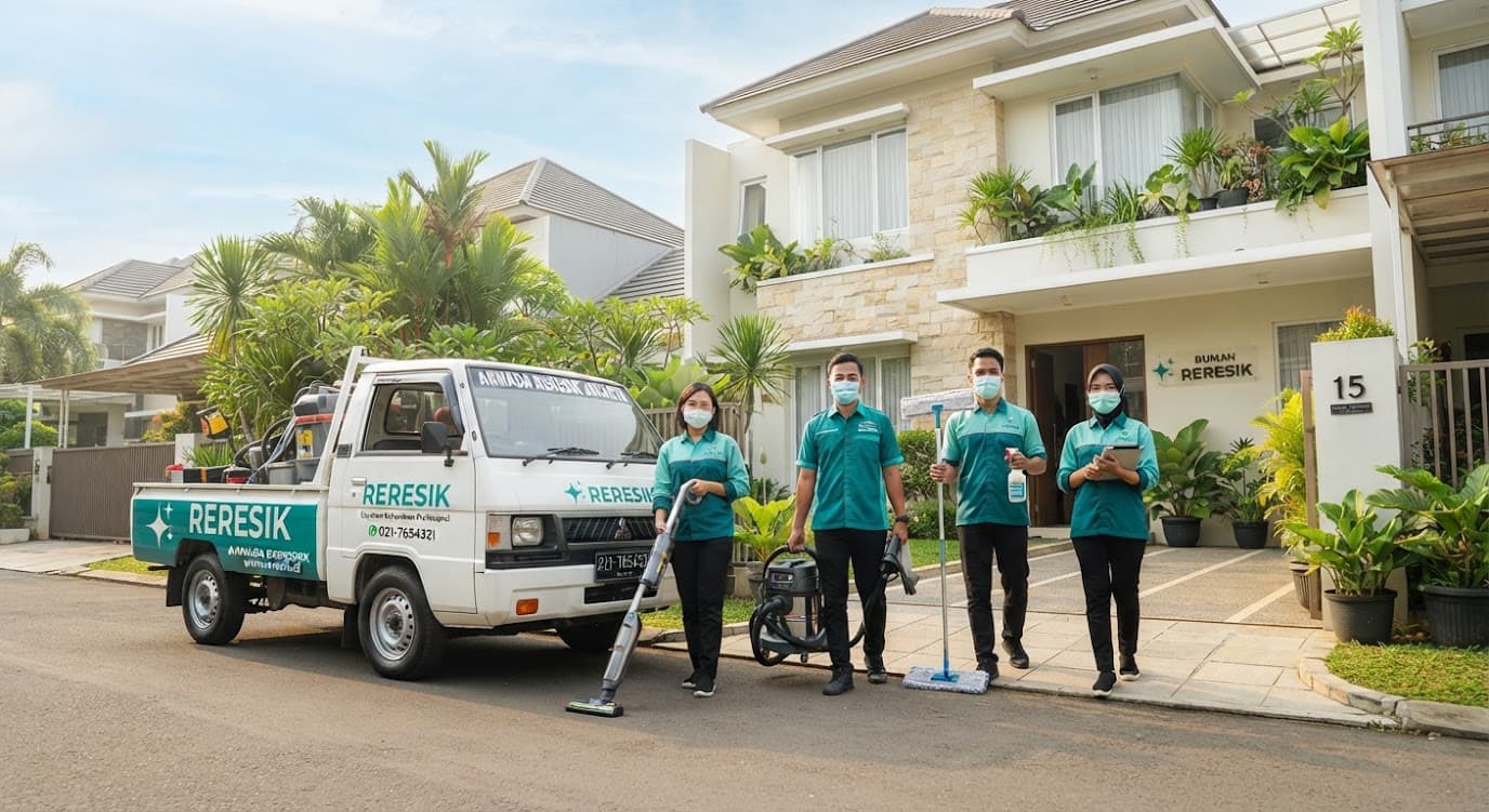 Armada pick-up dan tim mitra Reresik berseragam membawa peralatan kebersihan di depan rumah pelanggan